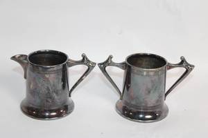 lot 62 image: Vintage Set of 2 Silver-Plated Creamers with Ornate Handles