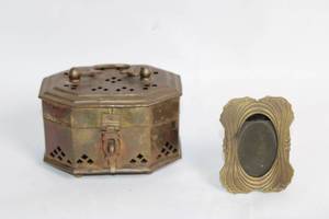 lot 63 image: Antique Brass Jewelry Box and Vintage Ornate Brass Picture Frame