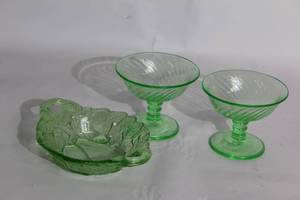 lot A-94 image: Set of 3 Uranium Glass Tableware with Leaf and Swirl Designs