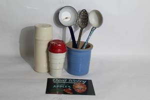 lot 106 image: Vintage Kitchen Collection with Utensils and Advertising Sign
