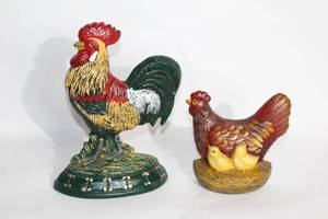 lot 125 image: Pair of 2 Cast Iron Rooster and Hen Doorstops