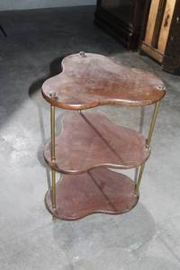 lot 138 image: Vintage Wooden 3-Tier Corner Table with Brass Poles