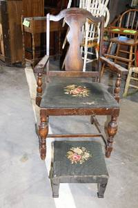 lot A-142 image: Vintage Wooden Chair with Floral Upholstery and Matching Footstool