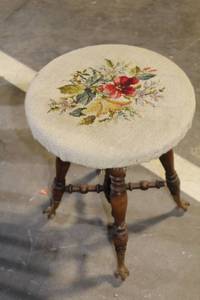 lot 146 image: Antique Wooden Stool with Floral Embroidered Cushion