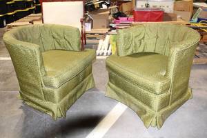 lot 150 image: Pair of Vintage Green Upholstered Barrel Chairs