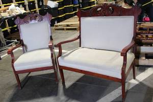 lot A-151 image: Antique Wooden Armchair and Settee Set with Carved Detailing
