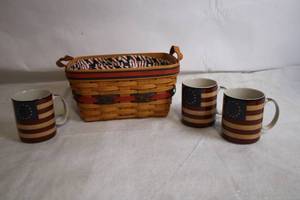 lot 233 image: Patriotic Longaberger Basket with 3 Flag Mugs