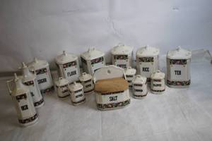 lot A-235 image: Vintage Set of 12 Made in Czechoslovakia Floral Ceramic Kitchen Canisters