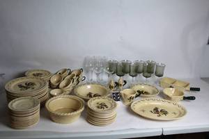 lot 238 image: 43-Piece Rustic Rooster Dinnerware Set with Glasses and Kitchen Accessories