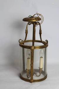 lot 241 image: Vintage Brass and Glass Hanging Lantern with Dual Bulb Holders