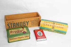 lot 251 image: Vintage Collectible Advertising Tins and Cheese Boxes Set