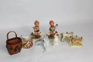 lot 280 image: Set of 10 Porcelain Collectible Figurines and Miniature Basket