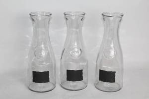 lot 288 image: Set of 3 Clear Glass Carafes with Chalkboard Label