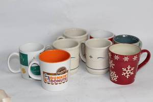 lot 293 image: Assorted Collection of 9 Coffee Mugs Featuring Branded and Decorative Designs