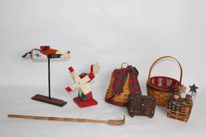 lot 300 image: Collection of Decorative Baskets, Wooden Chest, and Folk Art Items
