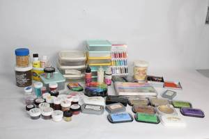 lot 304 image: Large Assortment of Craft Supplies Including Embossing Powders, Inks, and Chalks