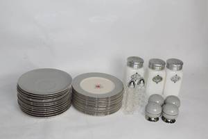 lot A-309 image: Vintage Gray Dinnerware Set with Shakers and Serving Accessories