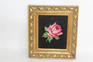 lot 318 image: Vintage Framed Embroidery Art with Pink Rose Design