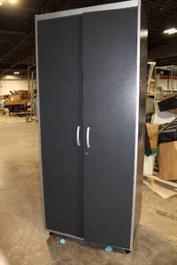 lot A-323 image: Tall Wood Storage Cabinet with Adjustable Shelves