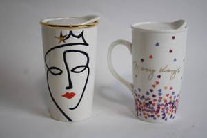 lot 451 image: Set of 2 Ceramic Travel Mugs - Starbucks and Mary Kay Designs