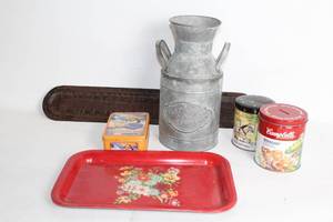 lot 489 image: Vintage Galvanized Milk Can, Wooden Tray, and Assorted Tin Cans Set