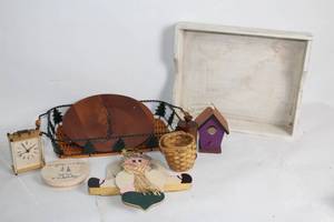 lot 490 image: Assorted Home Decor with Clock, Birdhouse, and Rustic Angel