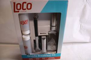 lot 331 image: LoCo Cookers Griddle Breakfast Kit with Spatula, Tongs, Bacon Press, and Squirt Bottles