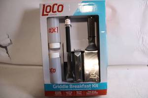 lot 337 image: LoCo Cookers Griddle Breakfast Kit with Spatula, Tongs, Bacon Press, and Squirt Bottles