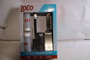 lot 338 image: LoCo Cookers Griddle Breakfast Kit with Spatula, Tongs, Bacon Press, and Squirt Bottles