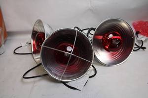 lot 45 image: Set of 3 Red Heat Lamp Reflectors with Bulbs