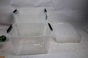 lot 73 image: Set of 6 Clear Plastic Storage Bins with Black Handles
