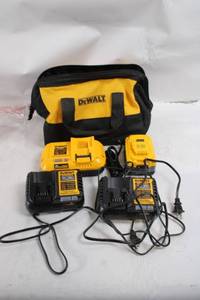 lot 187 image: DeWalt Cordless Tool Battery Set with Chargers and Carry Bag