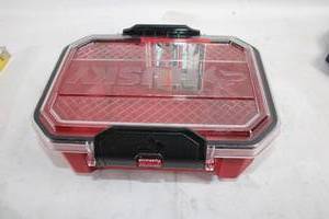 lot 213 image: Husky Red Plastic Storage Box with Latch Closure