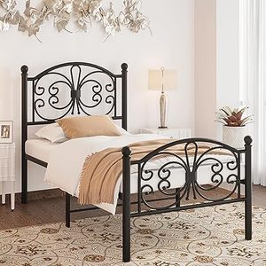 lot B-45-GR image: Twin-Size-Bed-Frame-with-Headboard-18 inch high - Platform Metal Bed Frame with Butterfly Pattern Design No Box Spring Needed(Black)