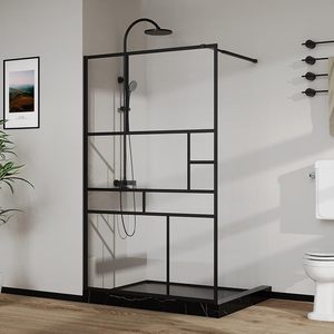 lot B-48-GR image: 46 in. W x 72 in. H Bathroom Shower Glass Door Framed Tempered Clear Glass Shower Screen Panel for Walk-in Bathroom, Multiple Grid Pattern, 3-Pieces Glass, Matte Black