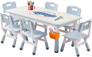 lot K-31-GR image: Kids Table and Chairs Set, Height Adjustable Desk With 6 Seats for Ages 3-12,Arts & Crafts Table,Graffiti Desktop, Non-Slip Legs, Max 300lbs, Children Multi-Activity Table for Classrooms,Daycares,Home