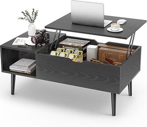 lot L-51-GR image: Sweetcrispy Coffee Table Black, Lift Top Coffee Tables for Living Room, Small Rising Wooden Dining Center Tables with Storage Shelf and Hidden Compartment