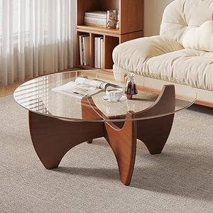 lot L-65-GR image: 31.5 Round Coffee Table, Modern Tempered Glass Coffee Tables for Small Space, Circle Center Table for Living Room, Funky Contemporary Circle Accent Table with Glass Top and Solid Wood Legs