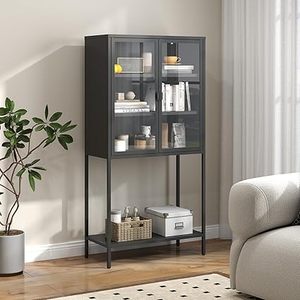 lot L-66-GR image: Metal Storage Cabinet with 2 Glass Doors, 60 Tall Morden Display Cabinets with 4 shelves, Freestanding Bookshelf Accent Buffet Cabinets for Living Room,Dining Room,Kitchen