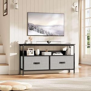 lot L-157-BL image: 50 Inch TV Stand for Living Room, Dresser-Style TV Stand with 2 Drawers, Compact Entertainment Center with Storage Options, TV Console Table for Bedroom, Black Board with Grey Drawers.