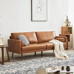 lot L-268 image: Faux Leather Sofa Couch, Mid-Century 73 Inch 3 Seater Leather Couch with Hand-Stitched Comfort Cushion