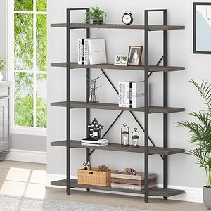 lot L-283 image: 5 Shelf Bookcases and Book Shelves,Industrial Modern 5 Tier Tall Bookshelf, Rustic Wood and Metal Large Book Shelf for Bedroom Living Room,Vintage Open Wide Vertical Etagere Book Case, Dark Gray