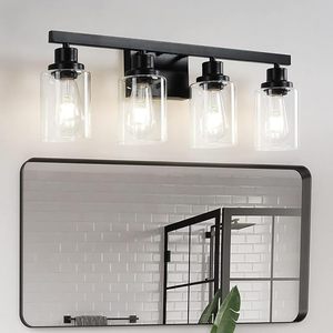 lot L-383 image: Bathroom Vanity Light, 4-Light Modern Matte Black Wall Sconce Lighting with Clear Glass Shade, Black Wall Lights,Bath Vintage Wall Mounted Lamps for Mirror Bedroom,Living Room
