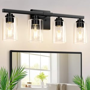 lot L-397 image: 4-Light Bathroom Light Fixtures, 27 Modern Vanity Lights Over Mirror with Clear Glass Shades, Matte Black Light Fixture, Classic Wall Light Fixture for Mirror Living Room Cabinet Bedroom Porch