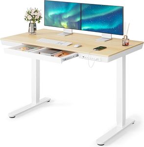lot O-84 image: Marsail Electric Standing Desk with Drawer, 48 x 24 inch Standing Desk with Drawer, Height Adjustable Desk with Tabletop & USB Charging Ports, Sit Stand Desk with Storage for Home & Office Natural