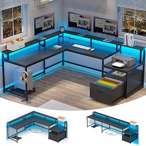 lot O-276 image: L Shaped Gaming Desk, 66 Home Office Desk with File Drawer & Power Outlet, Corner Gaming Computer Desk with Led Lights, Monitor Shelf and Printer Storage Shelves, Two Person Desk, Black