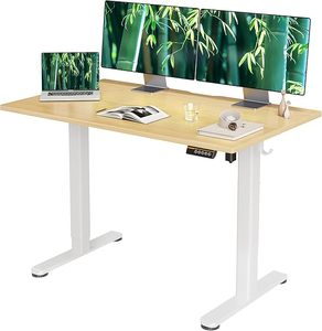 lot O-290 image: Claiks Bamboo Electric Standing Desk, Adjustable Height Stand up Desk, 48x24 Inches Sit Stand Home Office Desk with Splice Board, White FrameBambooTop