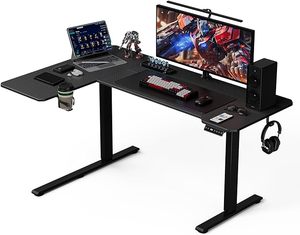 lot O-302 image: 59 Reversiable L-Shaped Electric Standing Desk Adjustable Height Gaming Stand Up Corner Desk Sit Stand Home Office Computer Desk with Splice Board Black Carbon