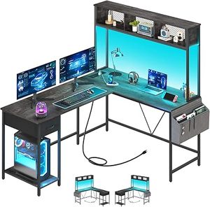 lot O-356 image: L Shaped Desk Gaming Desk with LED Strip & Power Outlet, Reversible L-Shaped Computer Desk with Storage Shelf & Drawer, Corner Desk with Storage Bag