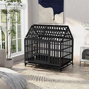 lot P-63-GR image: 44 Inch Heavy Duty Dog Crate, Indestructible Escape Proof XL Metal Dog Kennel Cage for Large Medium Small Dogs, Indoor High Anxiety Pet Crate with 2 Door, 4 Lockable Wheels and Removable Tray